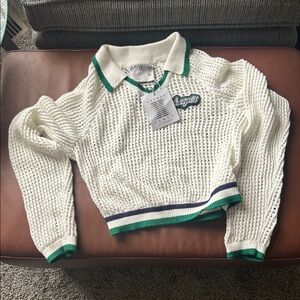 Savage X Fenty Cream Open-Knit Polo Sweater with Green & Navy Trim